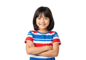 Young asian girl (8-10) in striped t-shirt, smiling confidently with arms crossed, high-key studio portrait against pure white background. Concept of youthful confidence and optimism