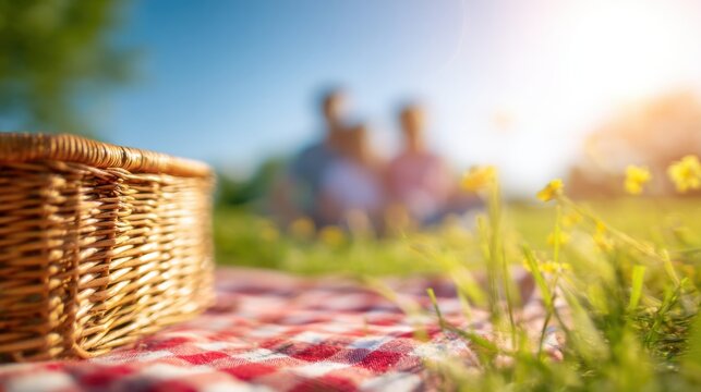 Family enjoying a sunny picnic on a blanket in the park during summer