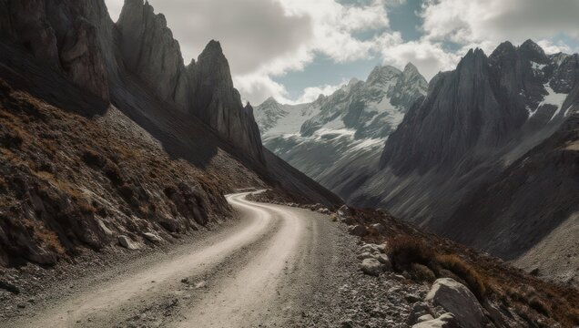 Rugged mountain road winding through a steep valley, leading towards snowy peaks under cloudy skies