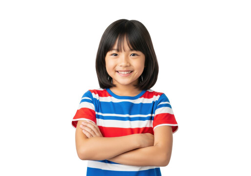 Young asian girl (8-10) in striped t-shirt, smiling confidently with arms crossed, high-key studio portrait against pure white background. Concept of youthful confidence and optimism