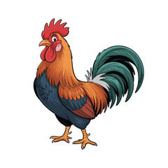 A cartoon rooster stands proudly with its colorful feathers. The background is a plain white.