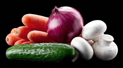 Fresh Vegetables Carrots, Onion, Cucumber, and Mushrooms for Healthy Eating and Culinary Creations.