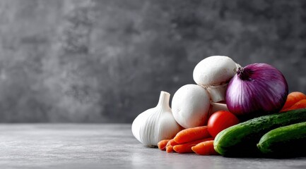 Fresh Vegetables Garlic, Mushrooms, Onion, Carrots, Tomato, and Cucumber for Healthy Cooking and Nutrition