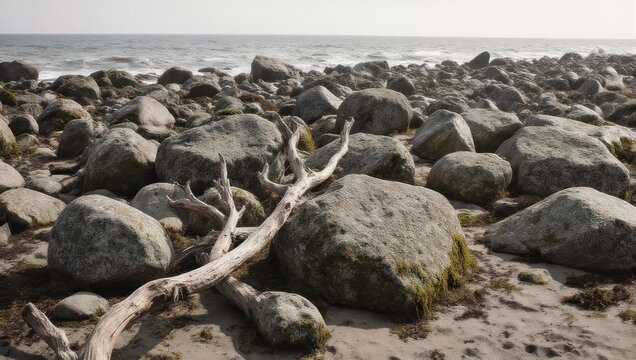 A driftwood log rests on a sandy, rocky beach, facing the calm ocean under a hazy sky