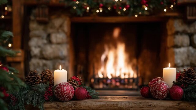 60Warm rustic fireplace framed by pine branches, ornaments, and candles, gentle firelight reflecting off shiny red and gold baubles