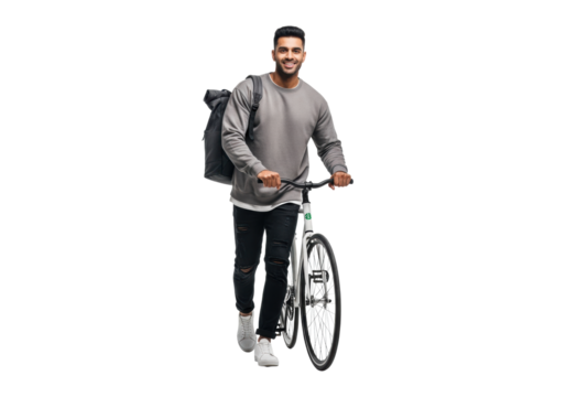 young athletic indian man in casual streetwear, mid-stride next to a fixed-gear bicycle, smiling confidently in a high-key white studio. concept of positive active living - Powered by Adobe