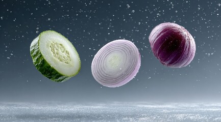 Freshness in Motion Sliced Cucumber, Red Onion, and White Onion Suspended in Water, a Culinary Still Life