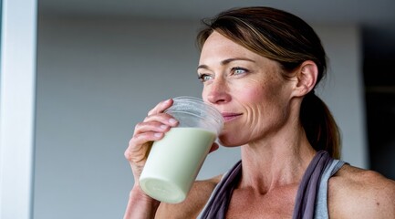 Athletic Woman Enjoying Post-Workout Protein Shake for Recovery and Muscle Growth, Embracing Healthy Lifestyle