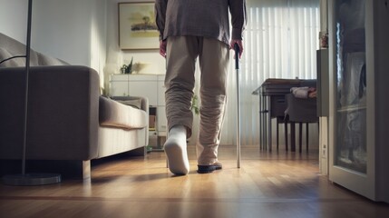 Senior s Journey Navigating Home with Cane for Support and Stability, Embracing Independence.