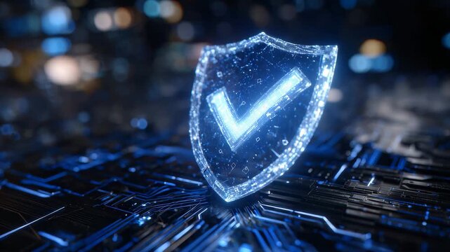 63Conceptual close-up of an illuminated shield glowing with a cyber-blue aura, checkmark glowing softly at the core, surrounded by faint circuit patterns