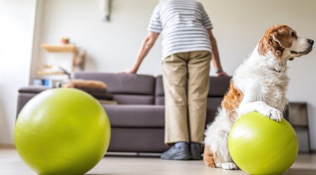 Senior Exercise with Dog Using Balance Balls at Home for Fitness and Companionship