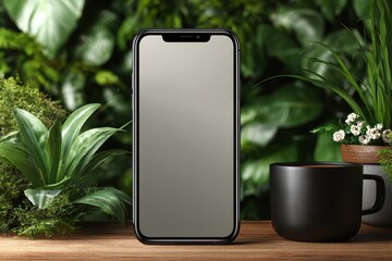 Blank mobile phone screen surrounded by plants and a mug on a wooden surface creates a natural modern workspace mockup