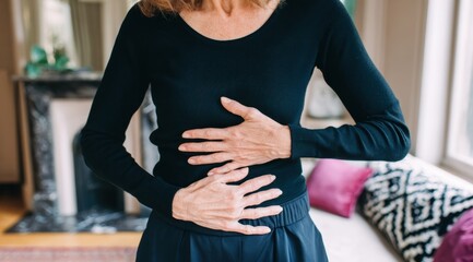 Woman Holding Her Stomach in Pain, Illustrating Abdominal Discomfort and Healthcare Needs