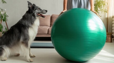 Dog Curiously Watching Woman Holding Green Exercise Ball in Cozy Living Room.