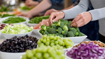 Salad Bar Preparation People Selecting Fresh Vegetables and Fruits for a Healthy Meal. Buffet Style Cuisine
