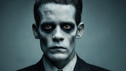 Intense black and white portrait of man with dark zombie makeup and stare.

