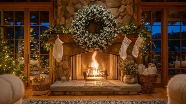 68Festive living room scene with cozy fireplace, golden firelight illuminating a decorated Christmas wreath and stockings on the mantel