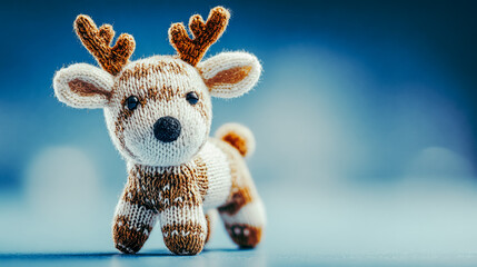 Knitted Christmas reindeer toy on soft blue background with copy space