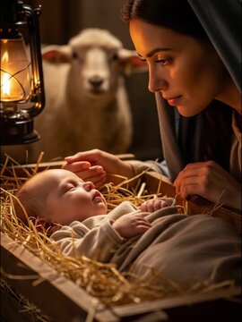 Mary gazing at baby Jesus in a manger with a sheep nearby	