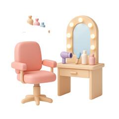 Beauty salon or makeup studio scene with a pink chair, vanity table, mirror with lights, hairdryer, brush, and cosmetic bottles, all as a charming 3d illustration