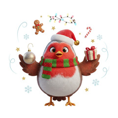 Festive robin wearing a santa hat and scarf, offering a christmas ornament and gift, surrounded by holiday decorations like string lights, snowflakes, and gingerbread