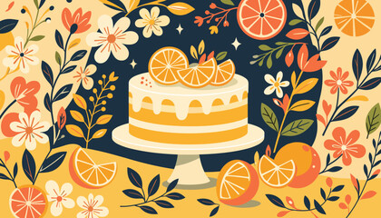 Cake topped with dried orange slices and herbs surrounded by floral decorations