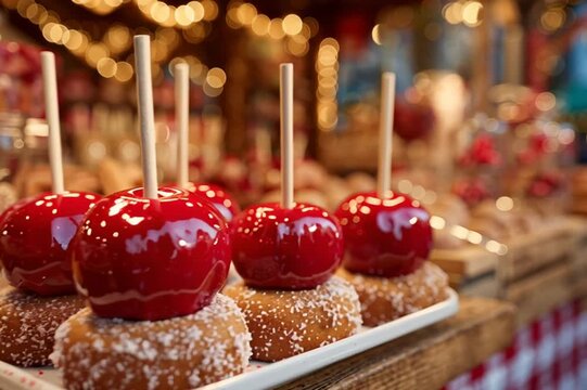 Showcase with red caramel apples on a wooden stick, fresh donuts and churros on a street Christmas market