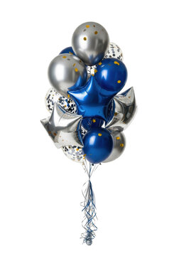 Luxurious metallic silver and sapphire blue helium balloon bouquet with cascading silk ribbons and falling golden confetti, isolated on a clean white studio background. Concept of elegant celebration