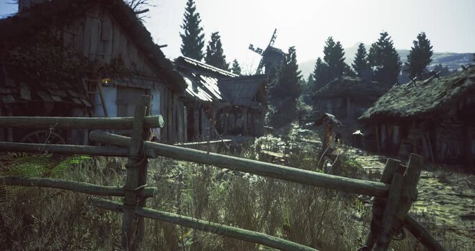 A serene village path features old wooden houses and a windmill surrounded by tall trees. Morning light casts a peaceful glow, enhancing the rustic charm of the countryside.