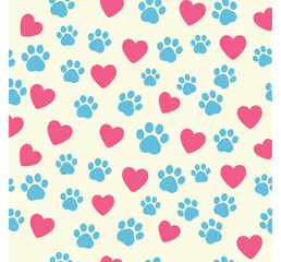 Seamless pattern of pink hearts and blue paw prints on a light background