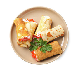 Tasty crepes with red caviar, sour cream and parsley isolated on white, top view