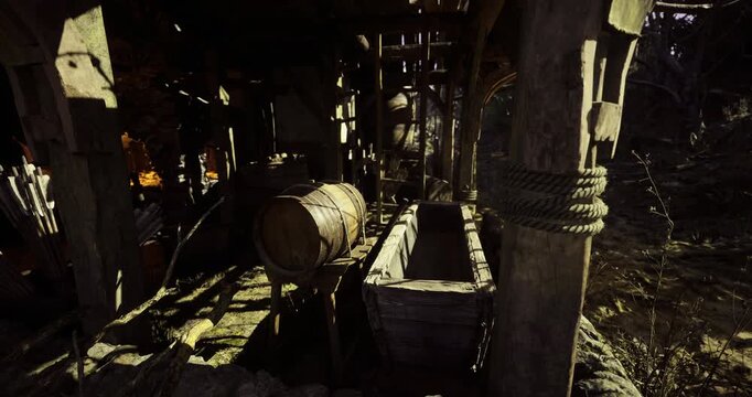 A rustic wooden mill is situated in a natural landscape. Barrels rest against the structure while various tools and equipment surround the area, creating a historical atmosphere.