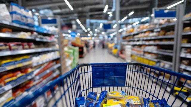 81Close-up of shopping cart basket with scattered grocery items, behind it long shelves filled with cereal boxes, snacks, and household goods