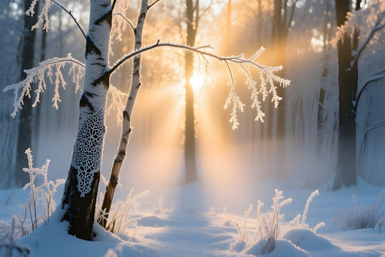 Golden sunbeams pierce through a frosty winter forest illuminating snow covered trees - Powered by Adobe