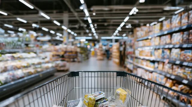82Close-up of shopping cart basket with scattered grocery items, behind it long shelves filled with cereal boxes, snacks, and household goods