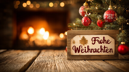 text " Frohe Weihnachten", merry christmas in german. christmas tree with red ornamentson wooden table, burning fireplace, blurred background. Christmas card, christmas concept banner.