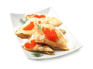Tasty crepes with red caviar and sour cream isolated on white