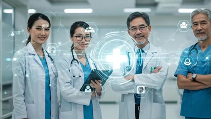 Diverse team of healthcare professionals in a modern facility, engaged with digital medical interfaces - Powered by Adobe