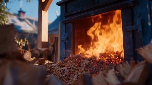 86Detailed shot of a wood briquette boiler in operation, orange glow from the combustion chamber illuminating rustic surroundings
