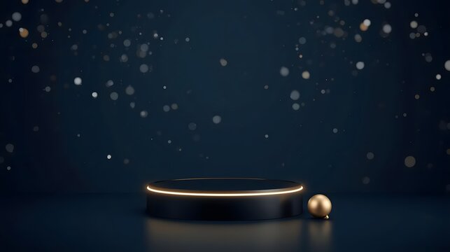 Elegant black and gold cylinder podium with bauble on dark blue background for premium holiday product showcase