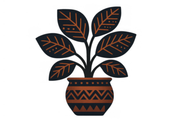 Potted plant drawing with decorative leaves and tribal geometric pattern pot. Bohemian decor element, transparent background