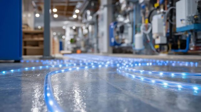 91Macro view of radiant floor heating system installation, glowing thermal tubes embedded beneath smooth flooring