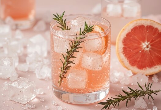 Rosemary grapefruit spritz mocktail with clear bubbly texture, ice cubes with herbs frozen inside, clean bright setup, perfect for banners.
