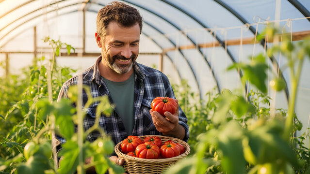 Man harvesting ripe tomatoes while smiling in greenhouse environment  