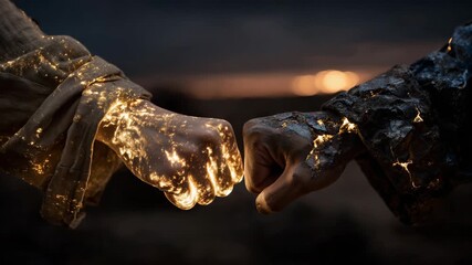 95Fist bump between two individuals under dramatic studio lighting, golden glow from one side and dark coal texture from the other, representing agreement through contrast