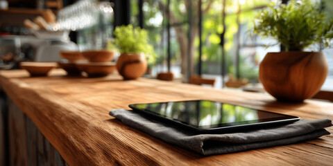 Cozy kitchen table with tablet and potted plants in natural light