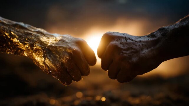 97Fist bump between two individuals under dramatic studio lighting, golden glow from one side and dark coal texture from the other, representing agreement through contrast