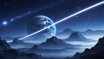 Alien planet landscape with glowing beam and earth in the distance
