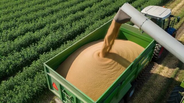 Combine harvester loading grain into trailer on green field