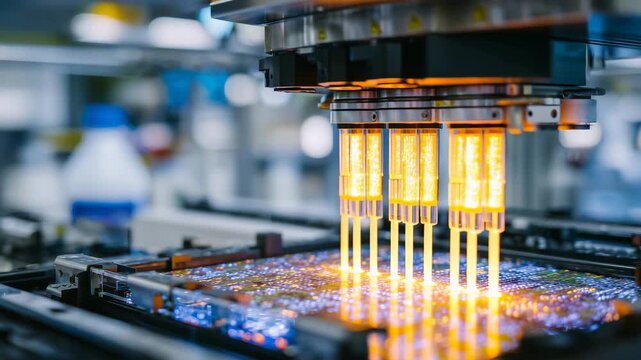 104High-tech laboratory setup showing automated instruments scanning solid samples for chemical reactions, blue and orange illumination reflecting scientific precision